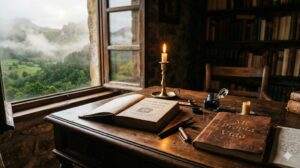 Mesa de trabajo con libros y ventana que muestra un paisaje montañoso