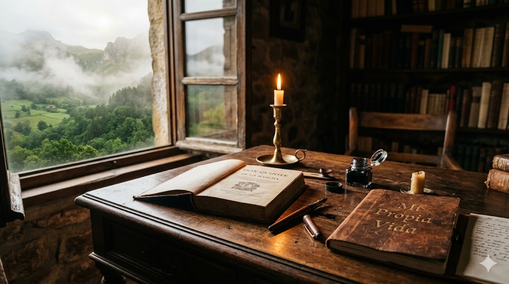Mesa de trabajo con libros y ventana que muestra un paisaje montañoso