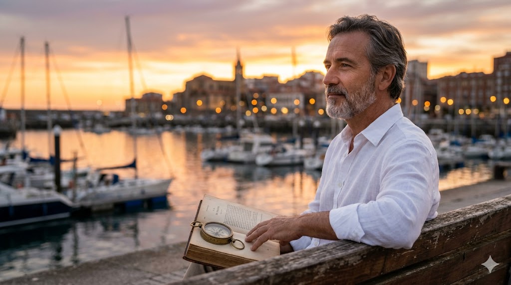 Hombre sentado con un libro y brújula en un puerto al atardecer.