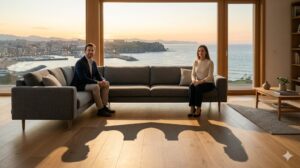 Dos personas sentadas en un sofá con vista al mar al atardecer.