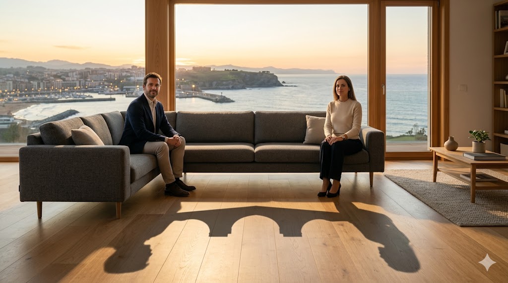 Dos personas sentadas en un sofá con vista al mar al atardecer.