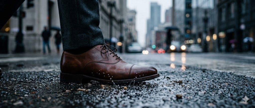 Zapato de cuero en pavimento mojado