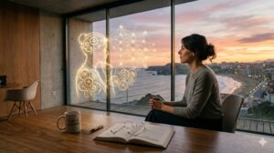 Mujer con gráficos holográficos frente a una ventana con vista al mar.