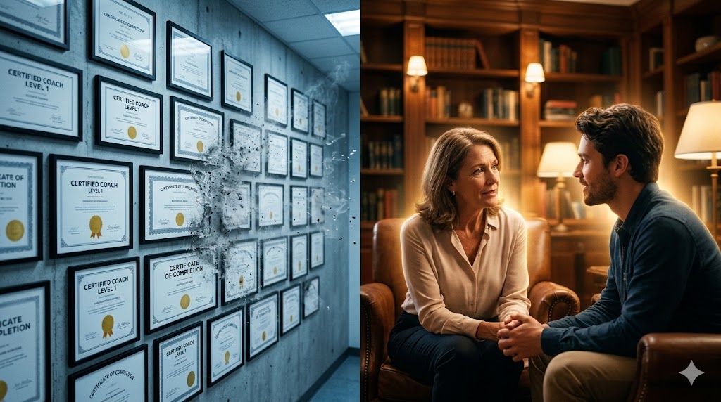 Pared con certificados de coaching y dos personas conversando en un entorno acogedor.