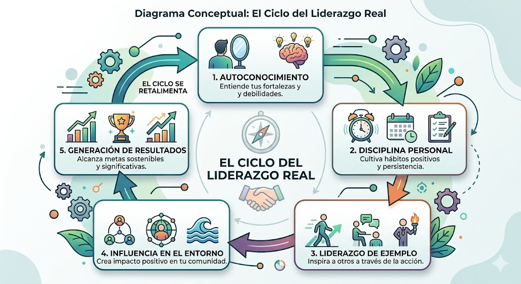 Diagrama circular del Ciclo del Liderazgo Real: Autoconocimiento, Disciplina, Liderazgo de Ejemplo, Influencia en el Entorno y Generación de Resultados en un flujo continuo. Diagrama circular del Ciclo del Liderazgo Real: Autoconocimiento, Disciplina, Liderazgo de Ejemplo, Influencia en el Entorno y Generación de Resultados en un flujo continuo.