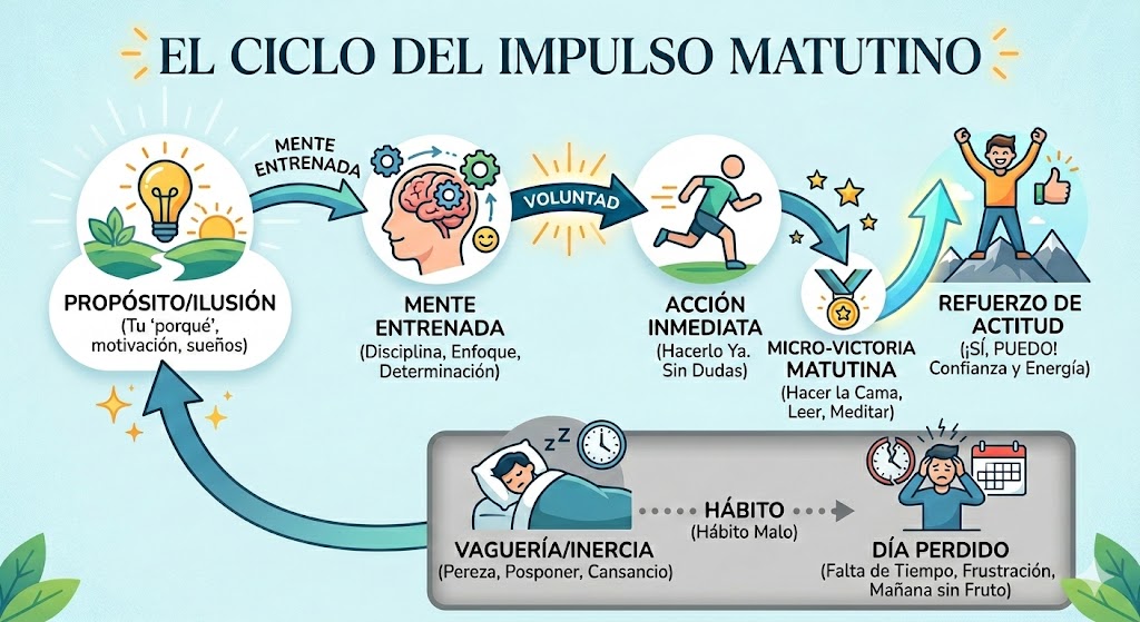 Diagrama del Ciclo del Impulso Matutino: muestra cómo el propósito y la voluntad generan micro-victorias, evitando la inercia que conduce a un día perdido Diagrama del Ciclo del Impulso Matutino: muestra cómo el propósito y la voluntad generan micro-victorias, evitando la inercia que conduce a un día perdido