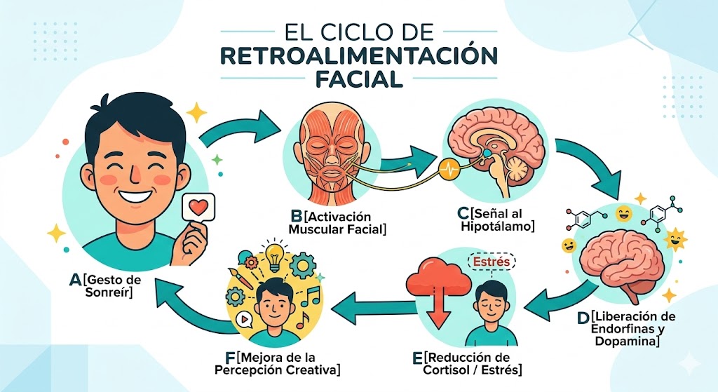 Infografía del ciclo de retroalimentación facial: cómo el gesto de sonreír libera endorfinas, reduce el cortisol y potencia la creatividad y el bienestar emocional. Infografía del ciclo de retroalimentación facial: cómo el gesto de sonreír libera endorfinas, reduce el cortisol y potencia la creatividad y el bienestar emocional.