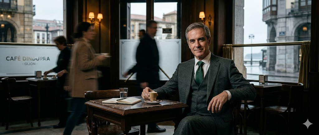 Hombre con traje en café Dindurra en Gijón.