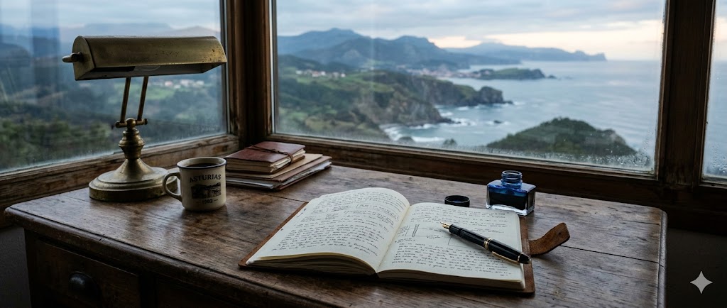 Escritorio con cuaderno, pluma y tintero frente a una ventana con vista al mar.