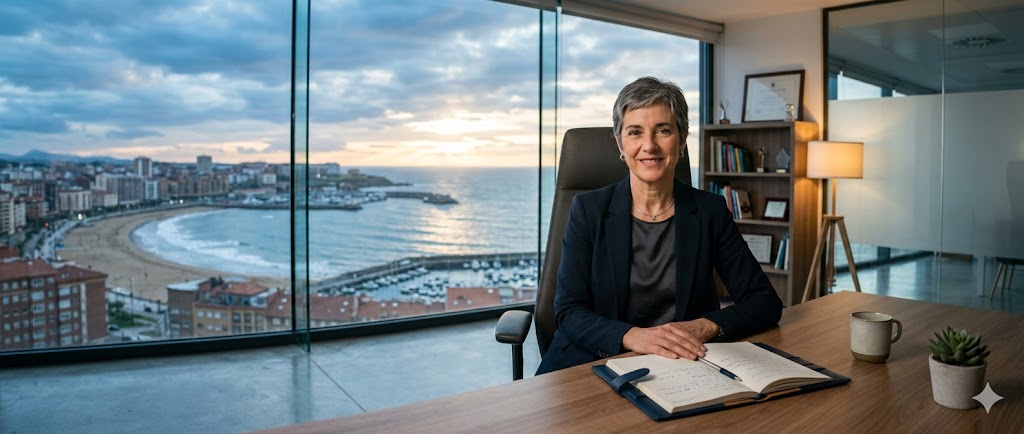 Mujer en un entorno de oficina con vista al mar y la ciudad.