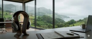 Oficina con auriculares y vista al paisaje costero