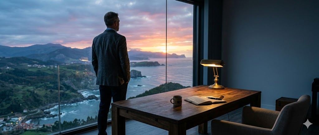 Hombre viendo el atardecer desde una oficina moderna con vista al mar.