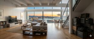 Salón moderno con ventana grande y vista al mar
