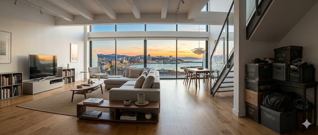 Salón moderno con ventana grande y vista al mar