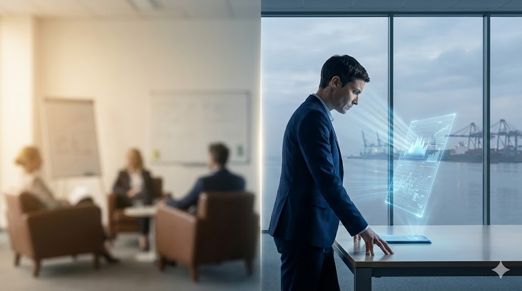 Grupo en reunión y hombre usando pantalla holográfica