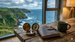 Brújula, cuaderno y café en una mesa junto a una ventana con vista al mar.