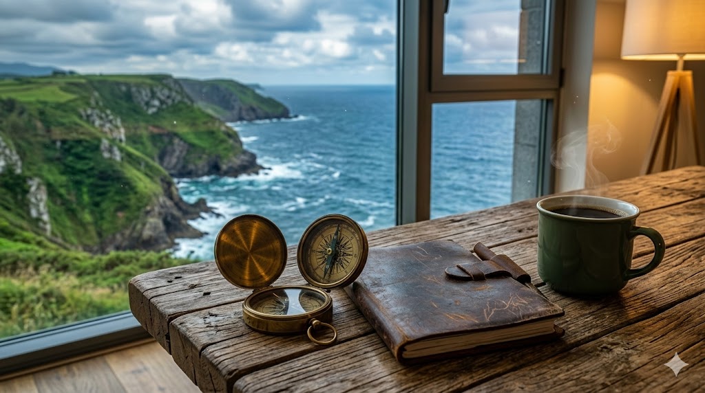 Brújula, cuaderno y café en una mesa junto a una ventana con vista al mar.