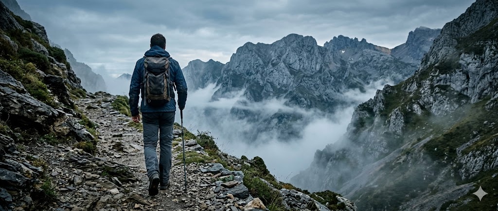 Caminante en un sendero de montaña con vistas a cimas nubladas.