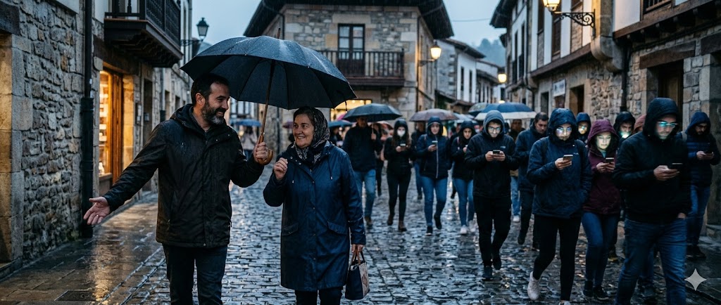 Grupo de personas caminando bajo la lluvia con paraguas y teléfonos móviles.