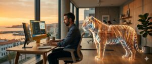 Hombre trabajando en escritorio con tigre holográfico junto a él.