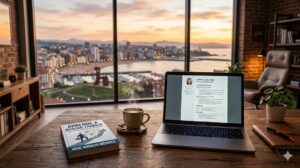 Espacio de trabajo con ordenador portátil y libro sobre búsqueda de empleo