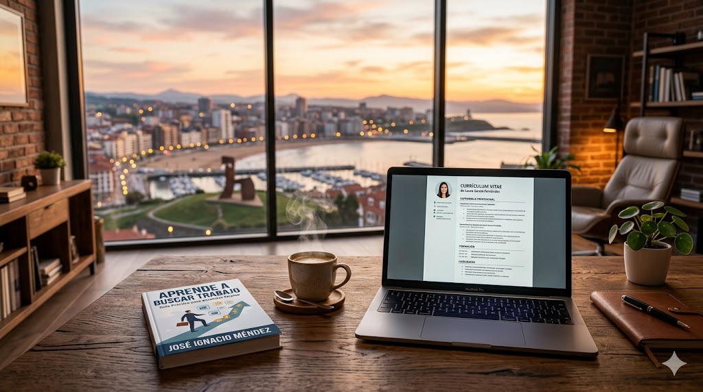 Espacio de trabajo con ordenador portátil y libro sobre búsqueda de empleo
