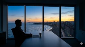 Silueta de una persona en una oficina con vista al mar y atardecer.