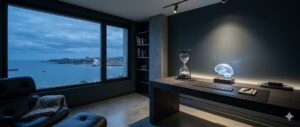 Oficina con escritorio oscuro, teclado y lámpara de cerebro, vista al mar.