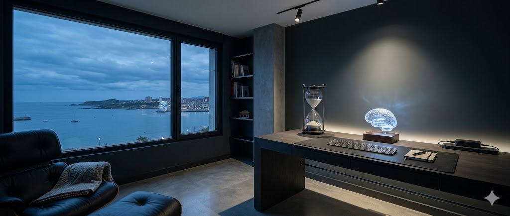 Oficina con escritorio oscuro, teclado y lámpara de cerebro, vista al mar.