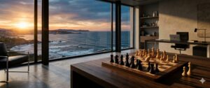 Tablero de ajedrez con piezas, vista al mar al atardecer.