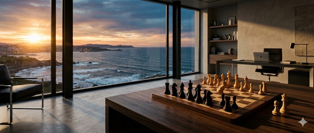 Tablero de ajedrez con piezas, vista al mar al atardecer.