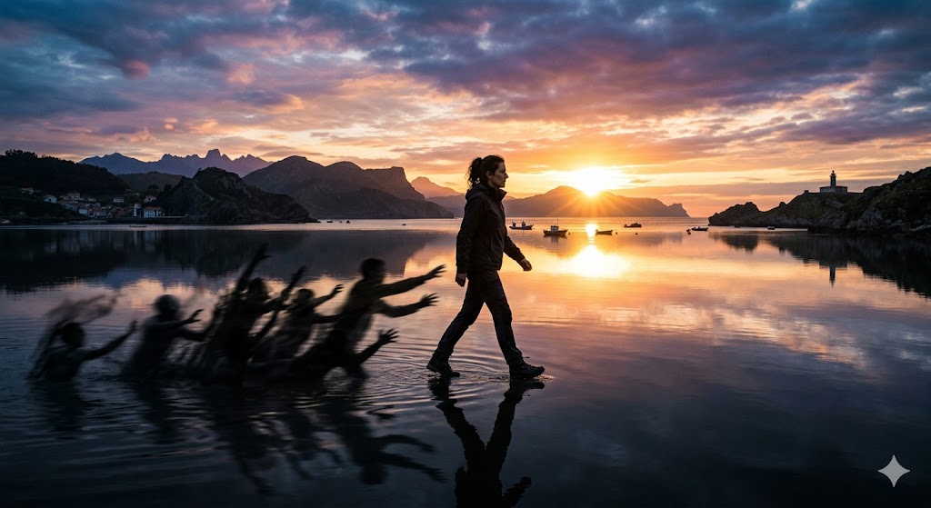 Persona caminando sobre el agua al atardecer con figuras difusas a su alrededor.