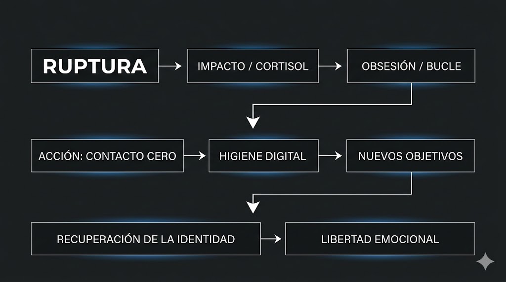 Infografía del ciclo de recuperación mental tras una ruptura amorosa que muestra las fases desde el impacto emocional hasta la libertad mediante el contacto cero y nuevos objetivos Infografía del ciclo de recuperación mental tras una ruptura amorosa que muestra las fases desde el impacto emocional hasta la libertad mediante el contacto cero y nuevos objetivos