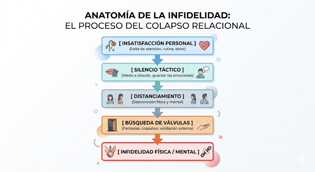 Infografía sobre la anatomía de la infidelidad y las cinco etapas del colapso relacional: insatisfacción, silencio táctico, distanciamiento, búsqueda de válvulas e infidelidad física o mental. Infografía sobre la anatomía de la infidelidad y las cinco etapas del colapso relacional: insatisfacción, silencio táctico, distanciamiento, búsqueda de válvulas e infidelidad física o mental.