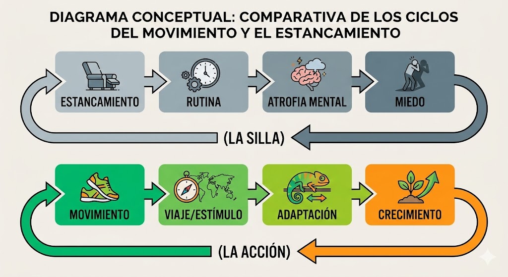 Una infografía comparativa con dos ciclos conceptuales paralelos. En la parte superior, el 'Ciclo del Estancamiento' fluye de 'Estancamiento' a 'Rutina', 'Atrofia Mental' y 'Miedo', volviendo al inicio a través de 'La Silla'. En la inferior, el 'Ciclo del Movimiento' fluye de 'Movimiento' a 'Viaje/Estímulo', 'Adaptación' y 'Crecimiento', volviendo a través de 'La Acción'. Cada etapa tiene un icono asociado, como un sillón, un reloj, un cerebro, unas zapatillas, una brújula, un camaleón y una planta, con flechas que indican la dirección del flujo. Una infografía comparativa con dos ciclos conceptuales paralelos. En la parte superior, el 'Ciclo del Estancamiento' fluye de 'Estancamiento' a 'Rutina', 'Atrofia Mental' y 'Miedo', volviendo al inicio a través de 'La Silla'. En la inferior, el 'Ciclo del Movimiento' fluye de 'Movimiento' a 'Viaje/Estímulo', 'Adaptación' y 'Crecimiento', volviendo a través de 'La Acción'. Cada etapa tiene un icono asociado, como un sillón, un reloj, un cerebro, unas zapatillas, una brújula, un camaleón y una planta, con flechas que indican la dirección del flujo.