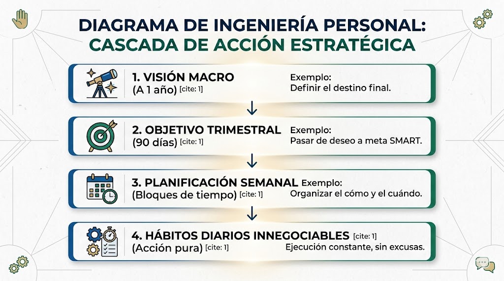 Infografía del Diagrama de Ingeniería Personal: una cascada de acción que muestra el flujo desde la Visión Macro (A 1 año) pasando por Objetivos Trimestrales y Planificación Semanal hasta llegar a Hábitos Diarios Innegociables. Infografía del Diagrama de Ingeniería Personal: una cascada de acción que muestra el flujo desde la Visión Macro (A 1 año) pasando por Objetivos Trimestrales y Planificación Semanal hasta llegar a Hábitos Diarios Innegociables.