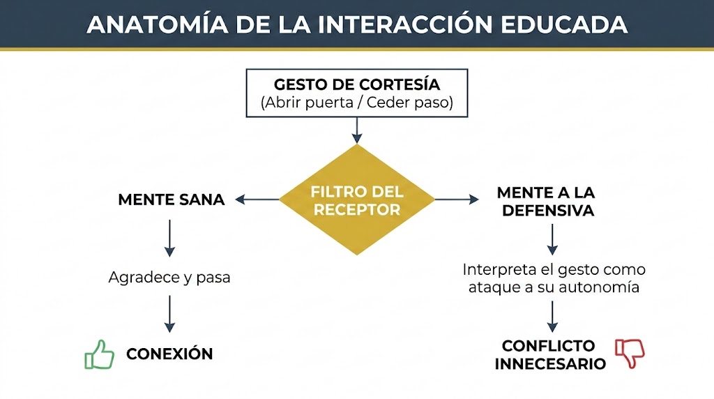Infografía sobre la anatomía de la interacción educada: diagrama que muestra cómo una mente sana genera conexión ante la cortesía, mientras una mente a la defensiva crea un conflicto innecesario. Infografía sobre la anatomía de la interacción educada: diagrama que muestra cómo una mente sana genera conexión ante la cortesía, mientras una mente a la defensiva crea un conflicto innecesario.