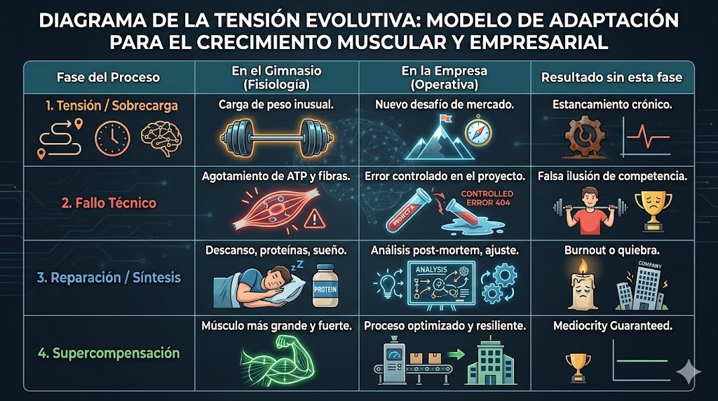 Infografía profesional del 'Diagrama de la Tensión Evolutiva', que muestra un modelo de adaptación comparando las fases del crecimiento muscular (Carga Inusual, Fallo ATP, Reparación, Supercompensación) con las operativas empresariales (Desafío de Mercado, Error Controlado, Análisis, Optimización Resiliente), y los resultados negativos de saltarse estas fases (Estancamiento Crónico, Falsa Competencia, Burnout, Mediocridad Garantizada). Infografía profesional del 'Diagrama de la Tensión Evolutiva', que muestra un modelo de adaptación comparando las fases del crecimiento muscular (Carga Inusual, Fallo ATP, Reparación, Supercompensación) con las operativas empresariales (Desafío de Mercado, Error Controlado, Análisis, Optimización Resiliente), y los resultados negativos de saltarse estas fases (Estancamiento Crónico, Falsa Competencia, Burnout, Mediocridad Garantizada).