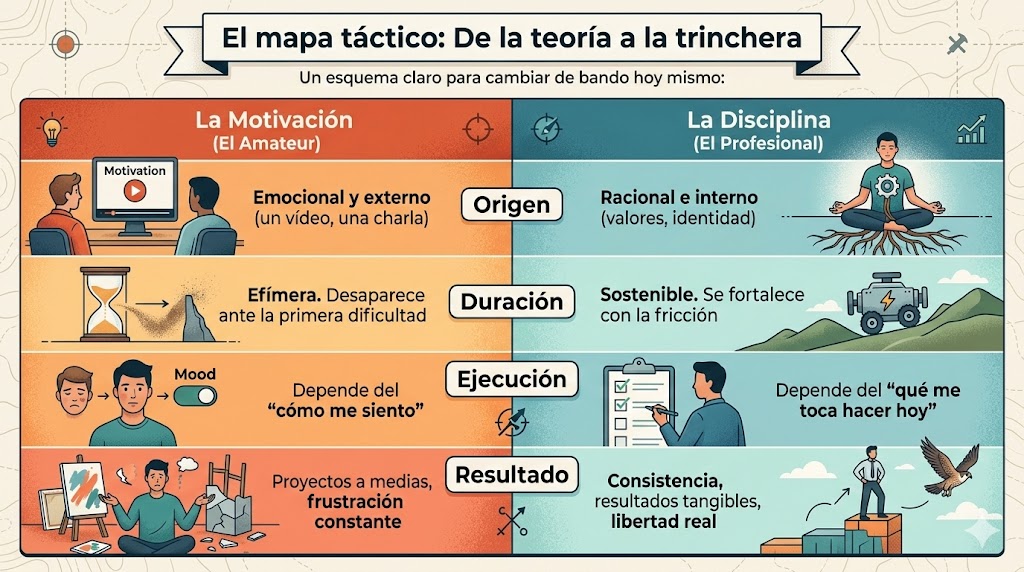 Infografía comparativa entre Motivación y Disciplina: El mapa táctico de la teoría a la trinchera. Cuadro que diferencia el origen, duración, ejecución y resultados de un amateur frente a un profesional. Infografía comparativa entre Motivación y Disciplina: El mapa táctico de la teoría a la trinchera. Cuadro que diferencia el origen, duración, ejecución y resultados de un amateur frente a un profesional.