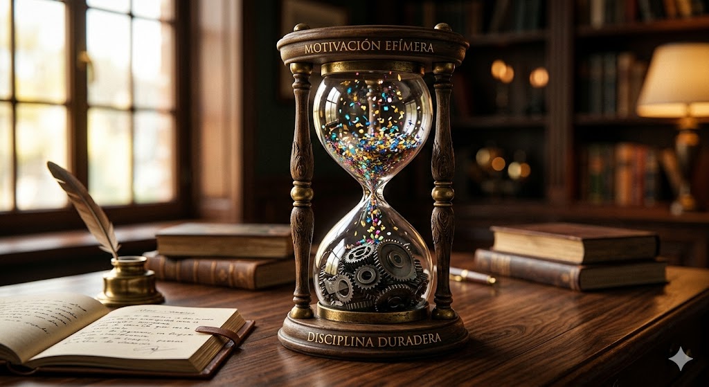 Reloj de arena con confeti y engranajes en una mesa de madera.