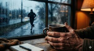 Manos sosteniendo una taza caliente con lluvia en la ventana