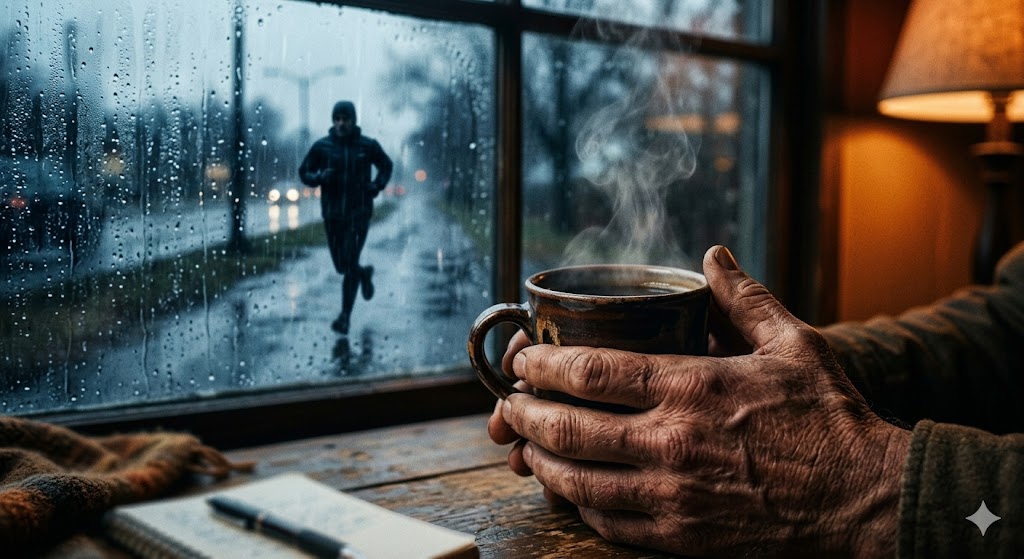 Manos sosteniendo una taza caliente con lluvia en la ventana