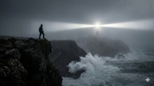 Faro iluminado en una tormenta con olas grandes y una figura en un acantilado.