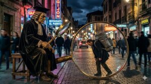 Escultura de un hombre con toga sostiene una lupa mientras otro hombre observa a través de un círculo.