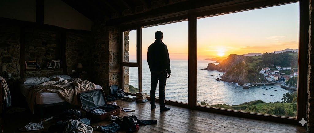Hombre de pie frente a una ventana con vista al mar al atardecer.