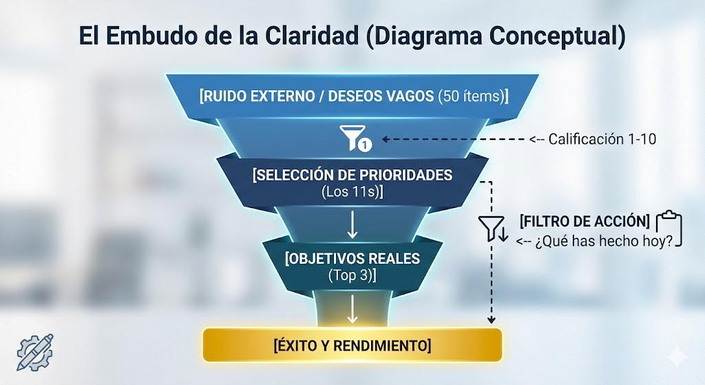 Infografía del Embudo de la Claridad: un proceso de filtrado desde el ruido externo y deseos vagos hasta la selección de prioridades y objetivos reales para alcanzar el éxito y rendimiento. Infografía del Embudo de la Claridad: un proceso de filtrado desde el ruido externo y deseos vagos hasta la selección de prioridades y objetivos reales para alcanzar el éxito y rendimiento.