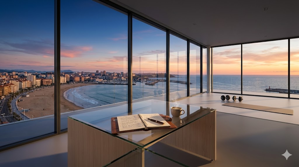 Interior de un apartamento con vista al mar y a la playa al atardecer.
