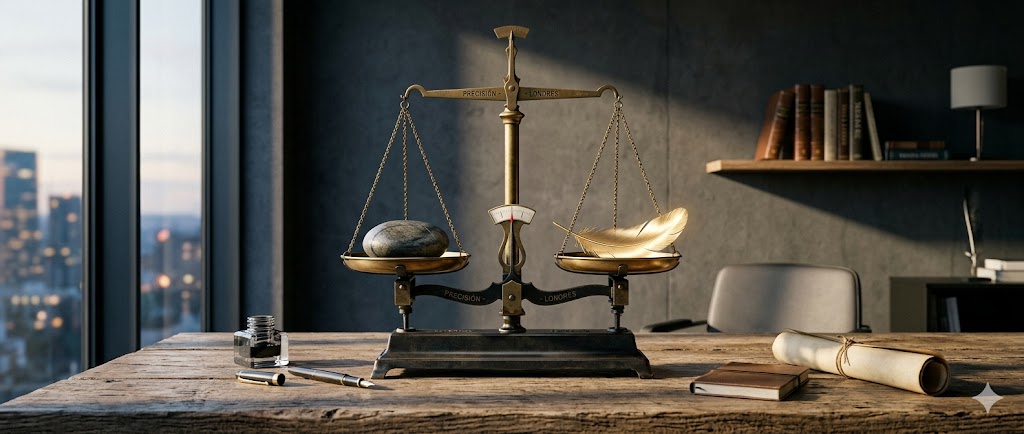 Balanza de justicia con una roca y una hoja en equilibrio