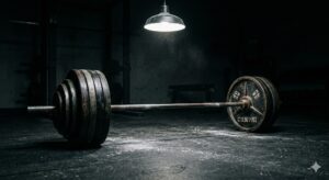 Barra de pesas con discos en el suelo de un gimnasio