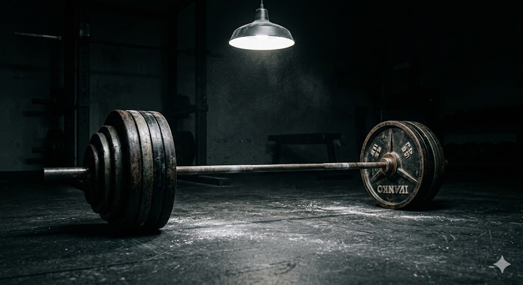 Barra de pesas con discos en el suelo de un gimnasio